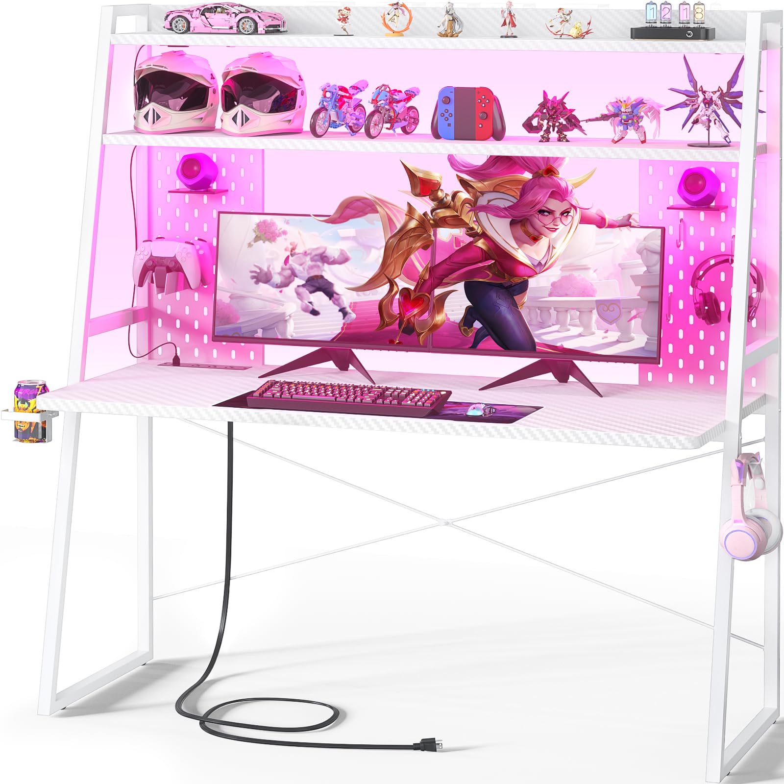 Besiost Gaming Desk with Hutch and LED Lights, Gaming Computer Desk with Power Outlets, Gamer Desk with Storage Shelves, PC Game Desk with Pegboards