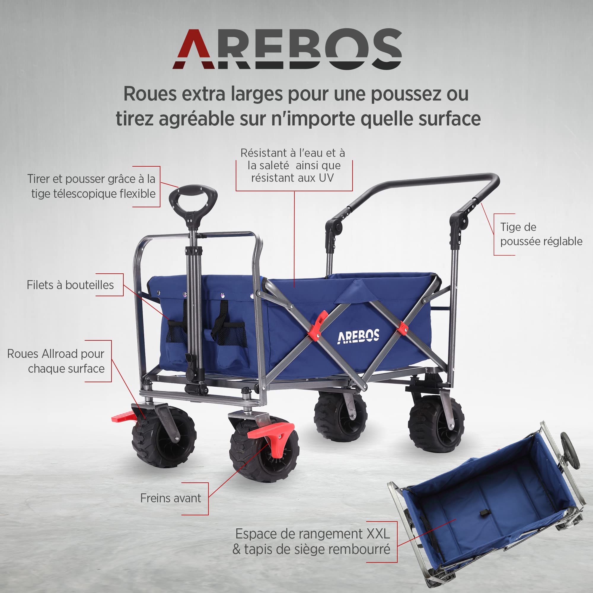 Chariot De Transport Pliable Arebos 100kg Avec Toit - Diable Utilitaire Avec Poches Et Roues 360° (Bleu)