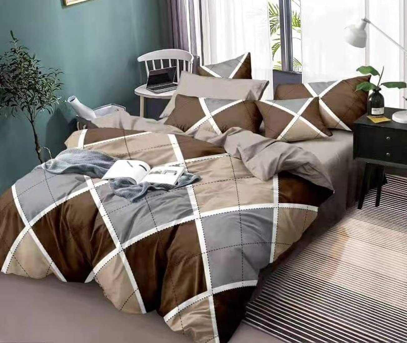 Castiqa Premium Polycotton 220TC Elastic Fitted Bedsheet with 2 Pillow Covers (Fit Upto 8 inch Mattress) (King Size 72x78inch, Brown Checks) (B0C6B27CL8) Amazon Price History, Amazon Price Tracker