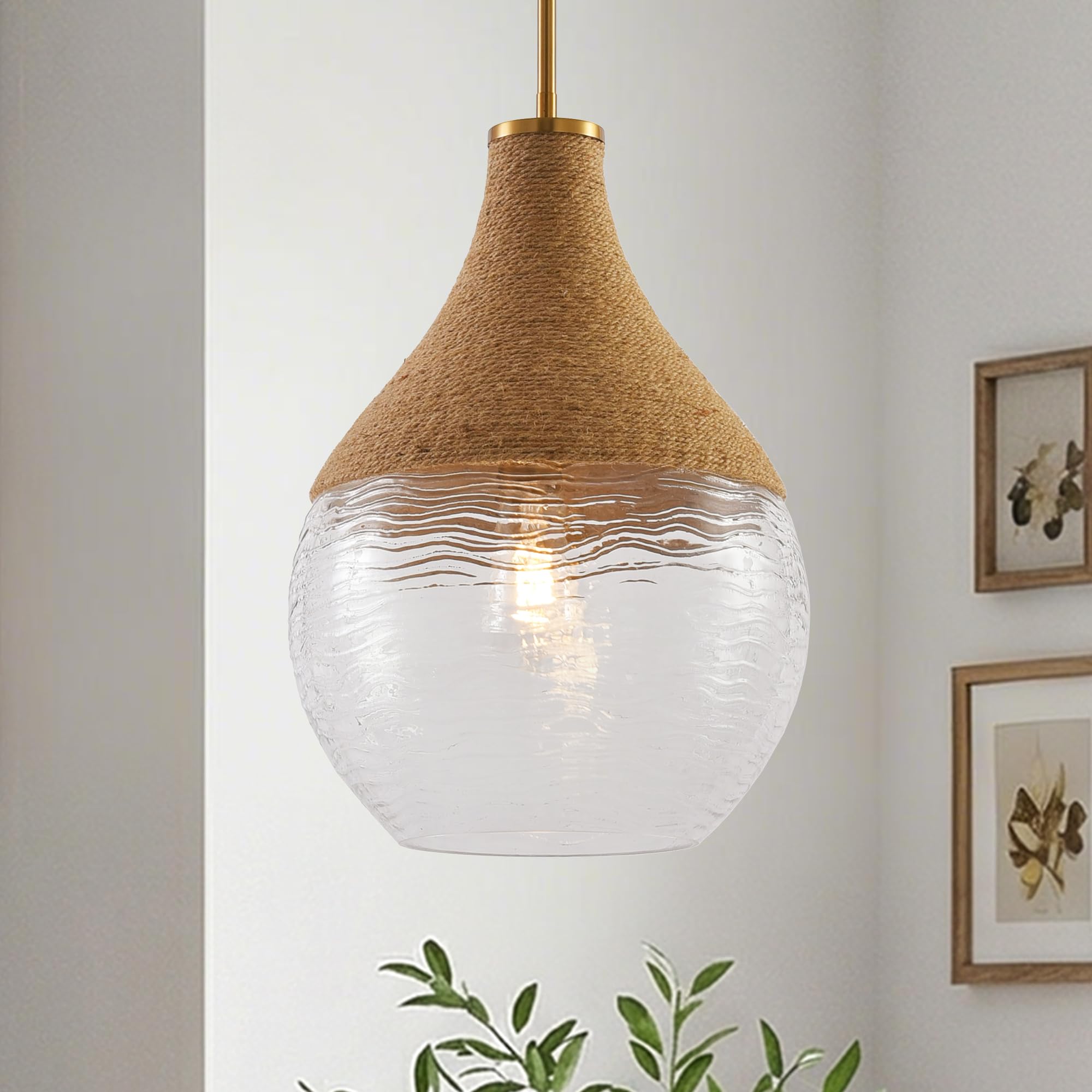 Parrot Uncle Glas Pendelleuchenschirm mit Hanfseil,33cm Durchmesser Vintage Deckenlampe,höhenverstellbar,E27 Sockel,Boho Pendelleuchte für Schlafzimmer Wohnzimmer (Leuchtmittel nicht enthalten)