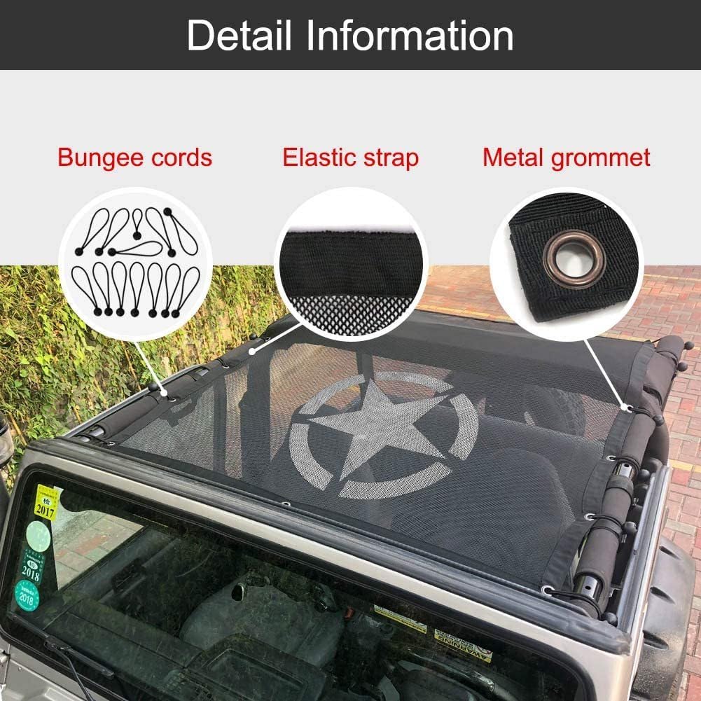 Cubierta de Malla Tipo Bikini Parasol con protección UV, Compatible con Accesorios Jeep Wrangler 1987-2006 YJ TJ, Estilo 5 Estrellas.