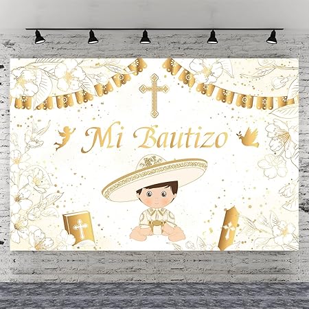 Mi Bautizo Backdrop Decoration,5x3ft First Communion Backdrop for Boy God Bless,Baprtism Party Decoration Christening Photo Background Supplies (Boy)