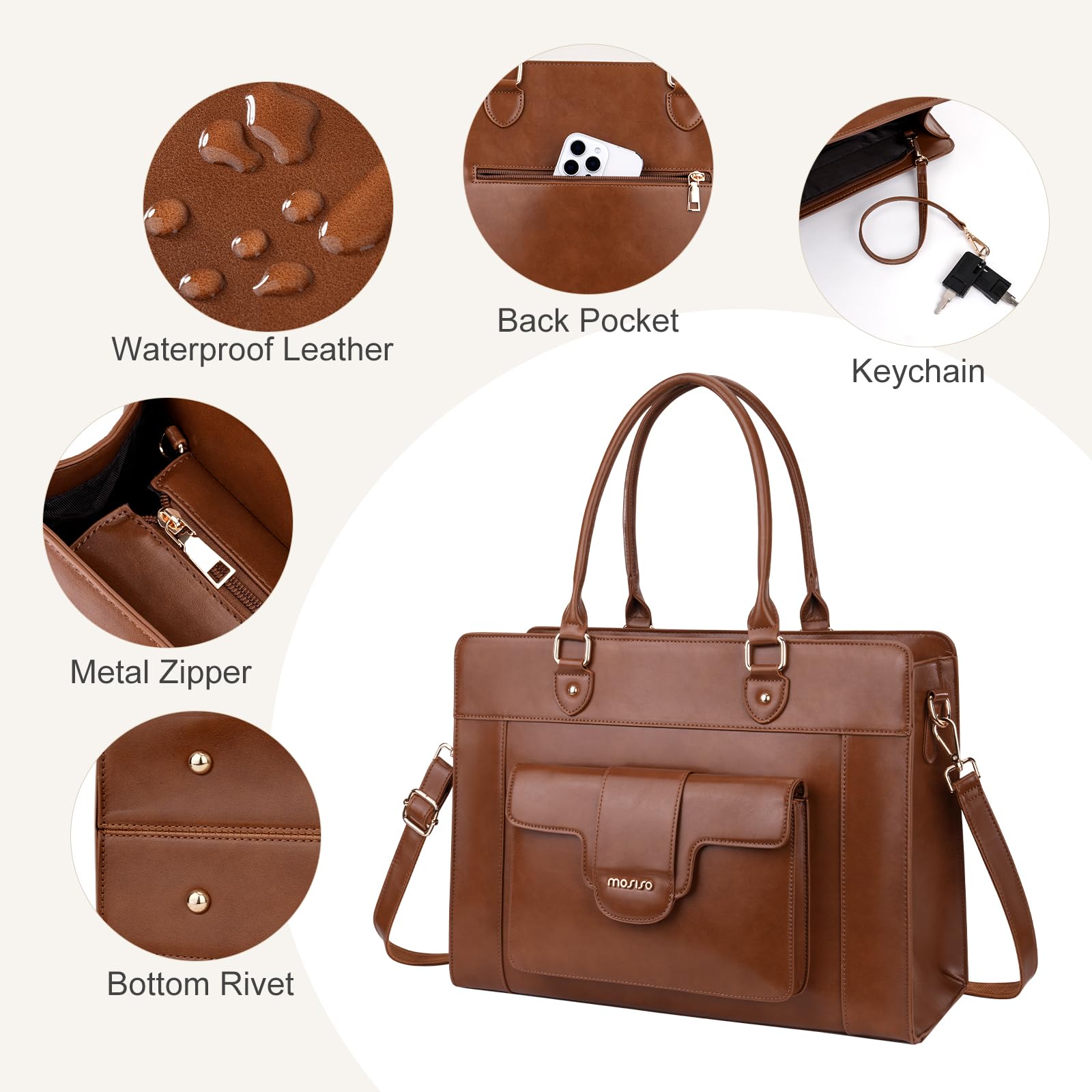 MOSISO Borsa a Tracolla Laptop Donna, 15,6 Pollici Borsa a Tracolla Pelle PU con Scomparto per Laptop Impermeabile di Grande Capacita per Insegnanti, Universita, Lavoro, Ufficio, Marrone