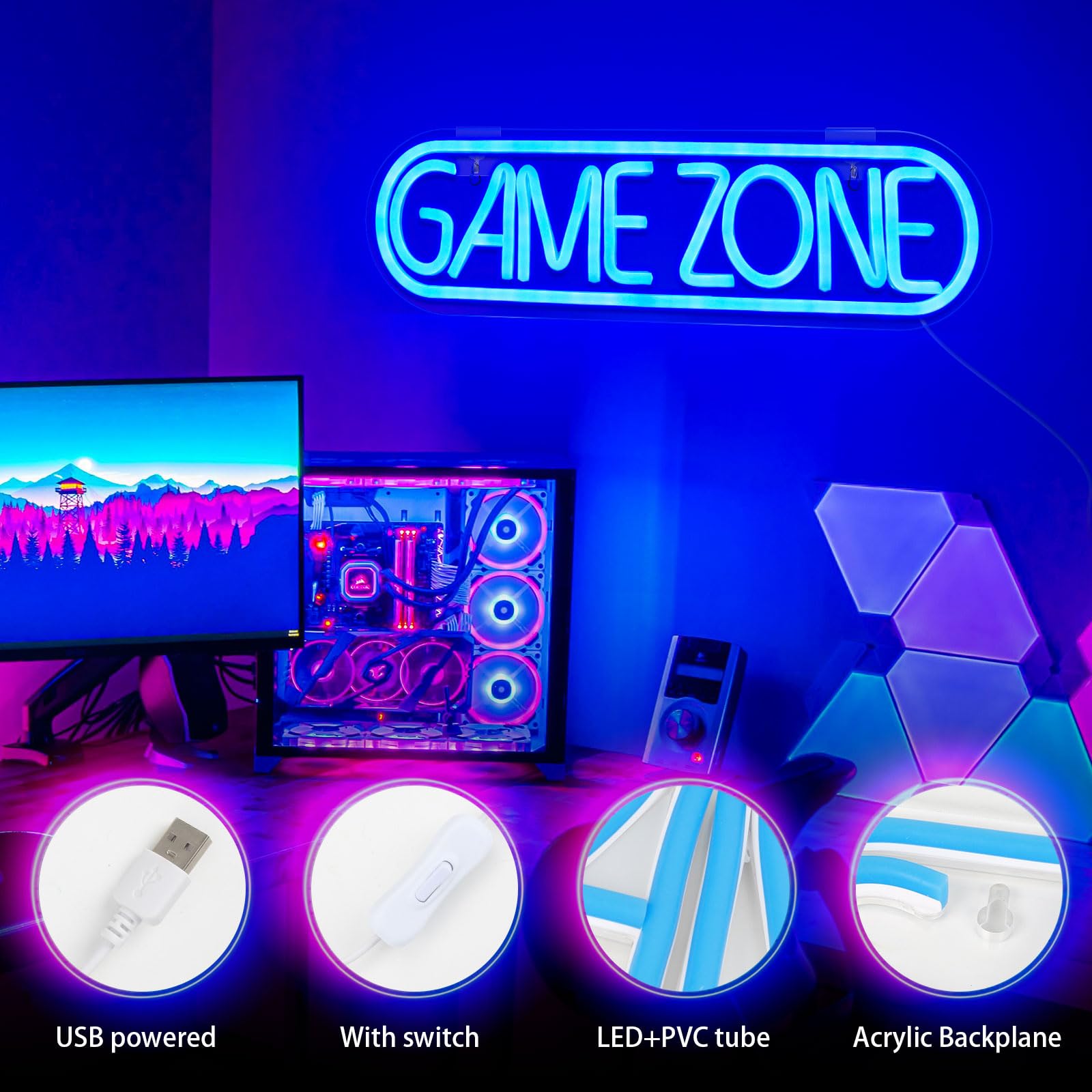 RNPKZ Gaming Zone Neonbord, led-neonbord voor aan de muur, neonbord voor speelkamer, neonverlichting, cadeau voor gamer, jongens, tieners