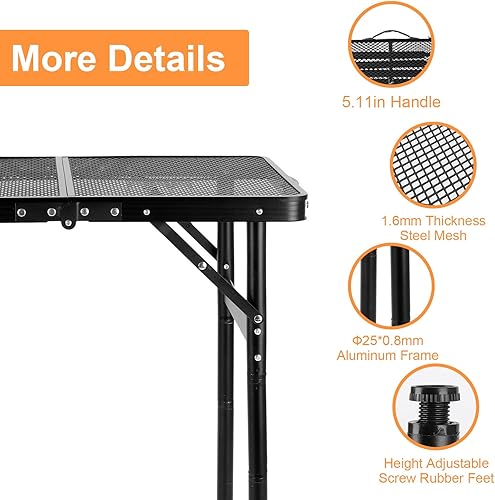 Miniatura 5 de Mesa plegable pequeña de 2 pies, mesa de camping plegable, de malla portátil, de 4 alturas, ajustable, para playa, barbacoa, negro, 23.6 x 15.7