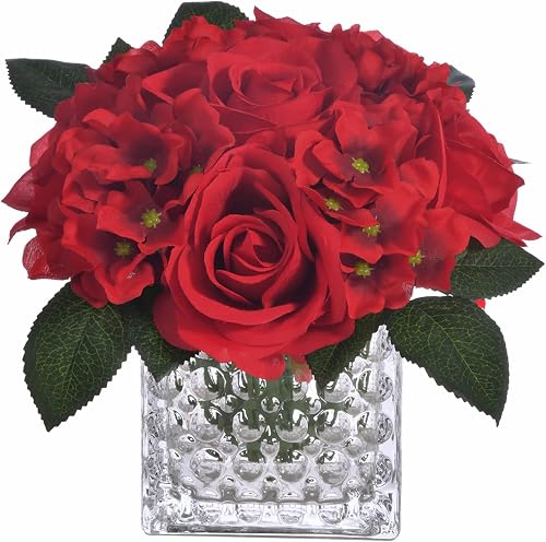 Fule Artificial Silk Rose Flower Centerpiece Arrangement in Glass Vase with LED Light for Home Wedding Decoration (Red)