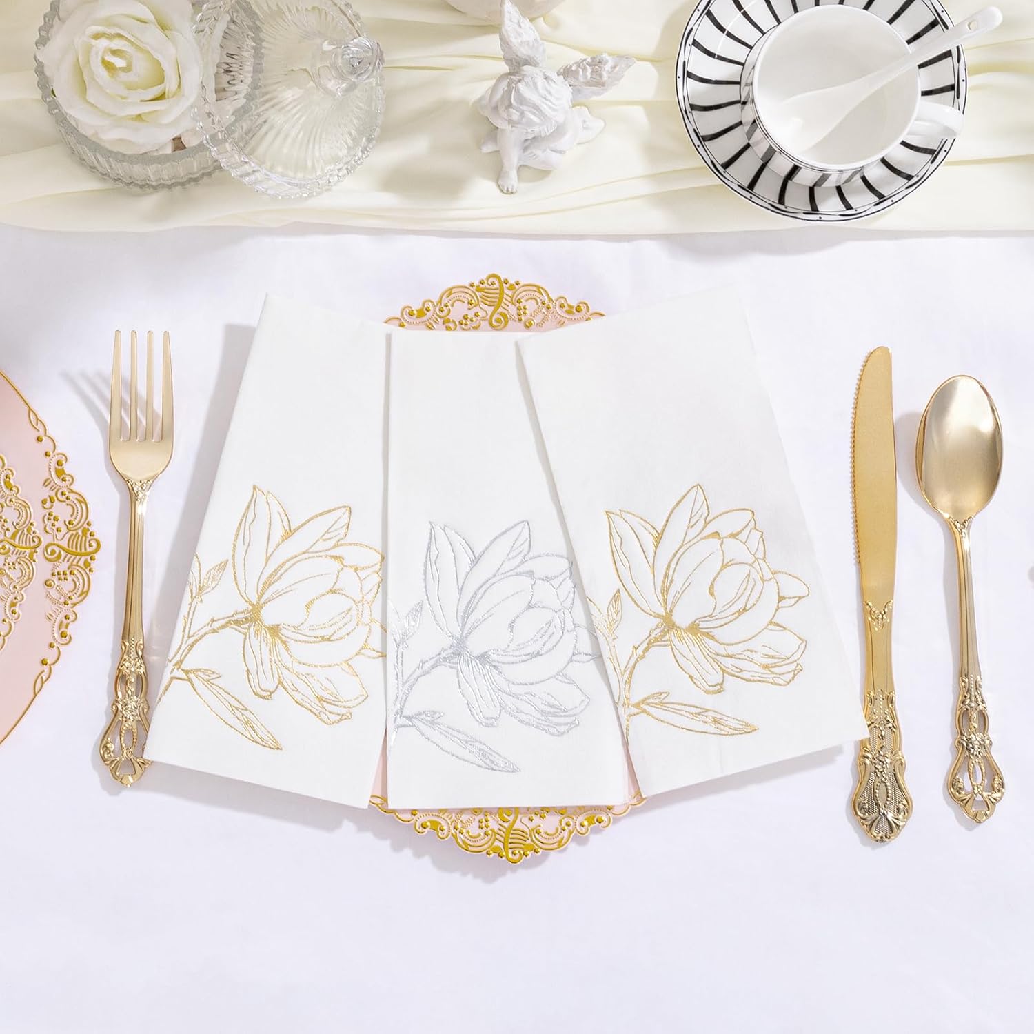 50 Pack Silver Magnolia Napkins - Silver Floral Disposable Napkins - Cloth-Like Feel Dinner Paper - Vintage Heavy Duty Hand Towels for Bathroom Wedding Holiday Party Bridal Decorative Towels