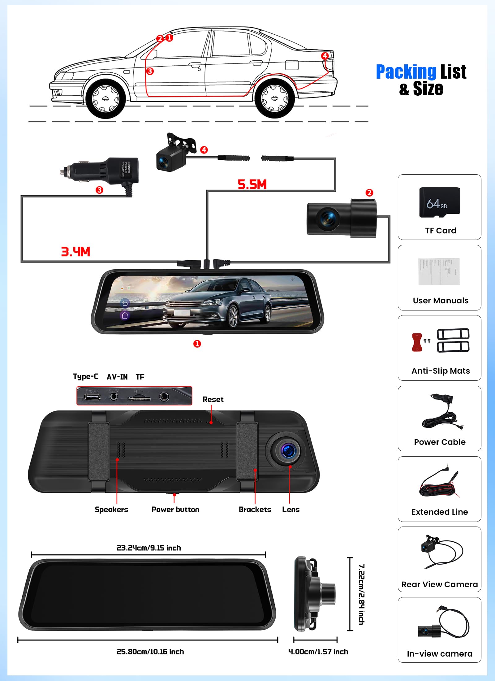 CAMECHO Mirror Dash Cam Schermo da 9.66 pollici 2K, Dashcam con TRE Telecamere: Anteriore/Interna/Posteriore -WiFi registrazione loop/sensore di gravità/assistenza al parcheggio