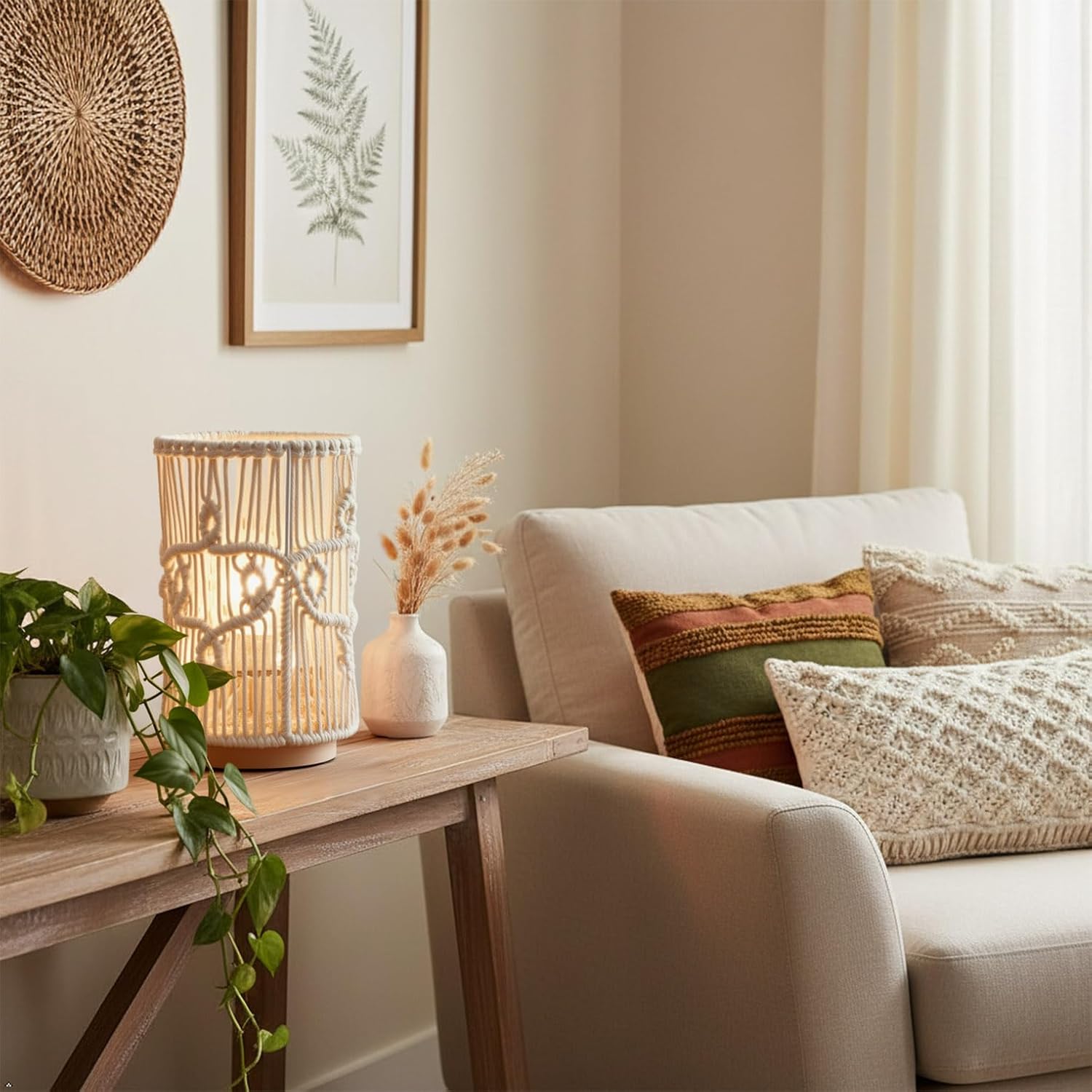 AFORTLO Table Desk Lamp,Small Boho Hollow-Out Decorative Bohemian Macrame Handmade Nightstand Night Light Solid Wood Base Lamp for Bedroom,Living Room Or End Table with Bulb(Creamy-White)