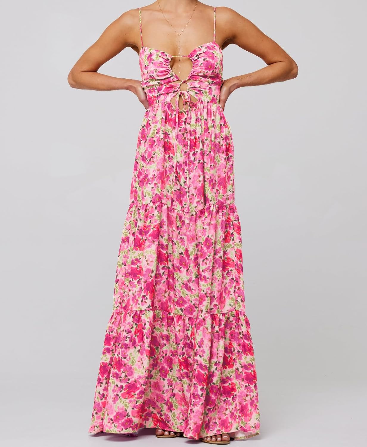 Summer Floral Sundress for Women Spaghetti Straps Hollow Out Tie Front Maxi Dress Flowy Smocked Bohemia Dress - Image 3