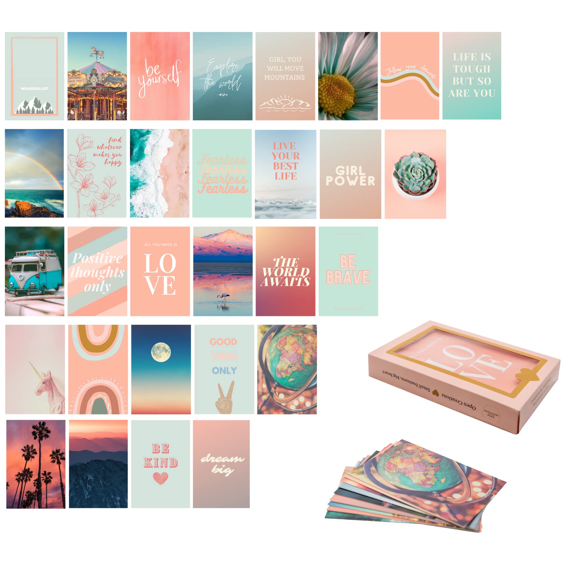 Aesthetic Wall Collage Kit by Open Creations | Set of 30 Boho 4x6 Peel & Stick Posters | Teen Girl Room Decor | Collage Kit for Bedroom Decor | Motivational Gift