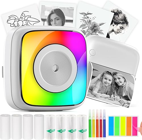HuiJuKeJi Mini impresora adhesiva con bolsillo de luz RGB impresora térmica sin tinta para iOS y Android, 9 rollos de papel térmico y 5 bolígrafos