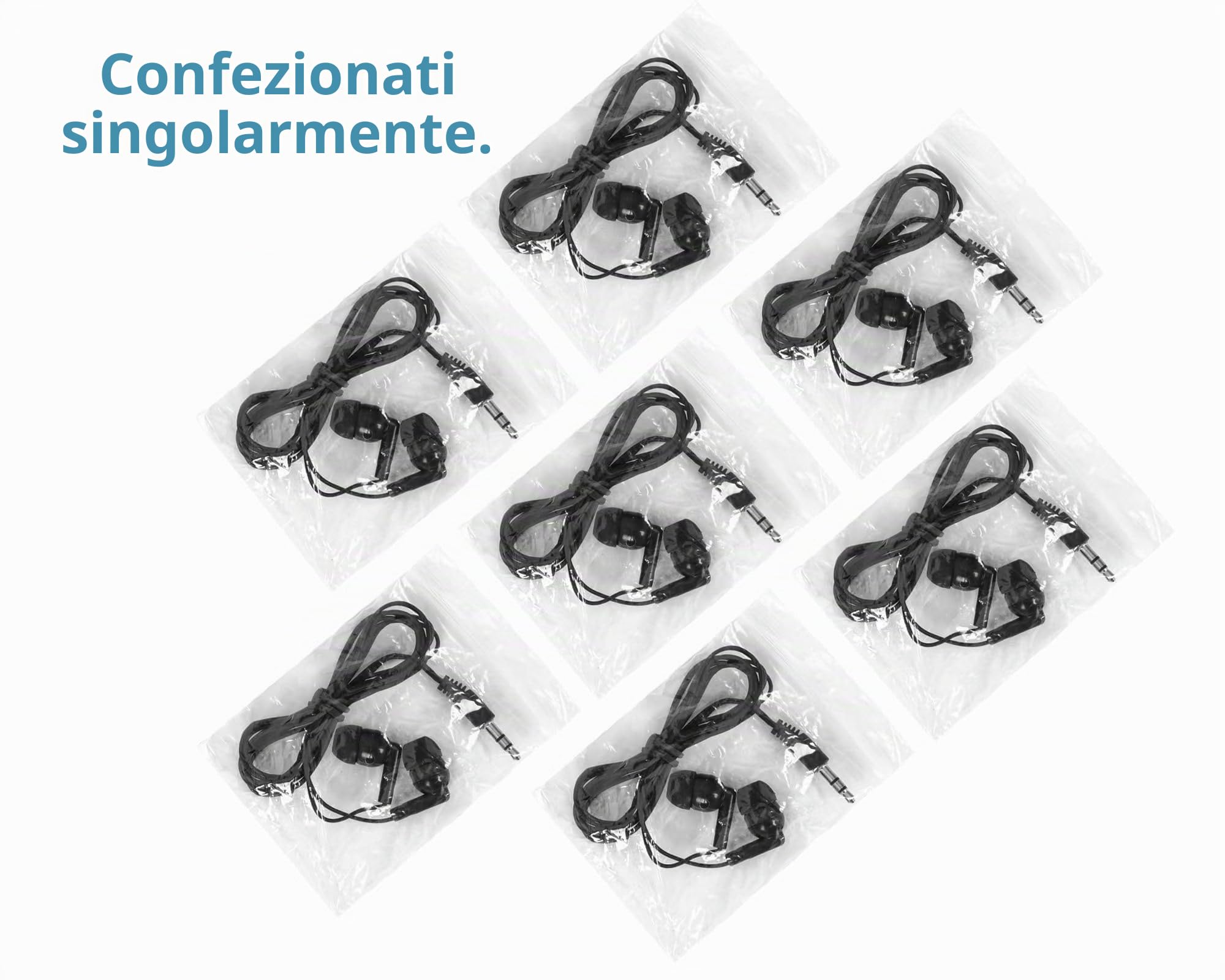 Confezione da 100 auricolari usa e getta, con cavo, colore nero, confezionati singolarmente, per scuola, viaggi o uso domestico