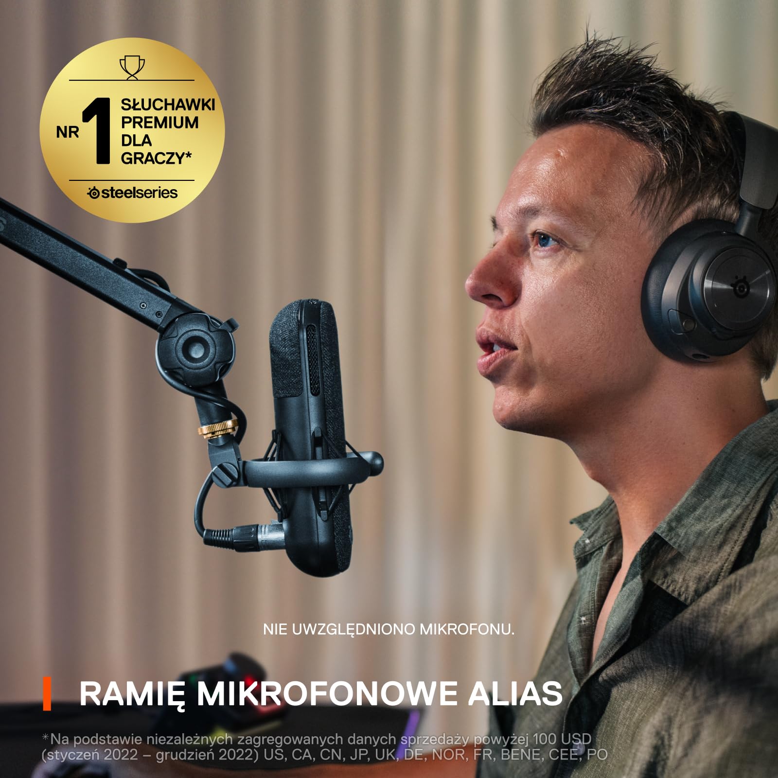 SteelSeries Alias/Alias Pro Mic Boom Arm — do gier, transmisji strumieniowej i podcastów — obrót o 360° — zacisk biurkowy — składana konstrukcja nożycowa — ukryte sprężyny — zarządzanie kablami —