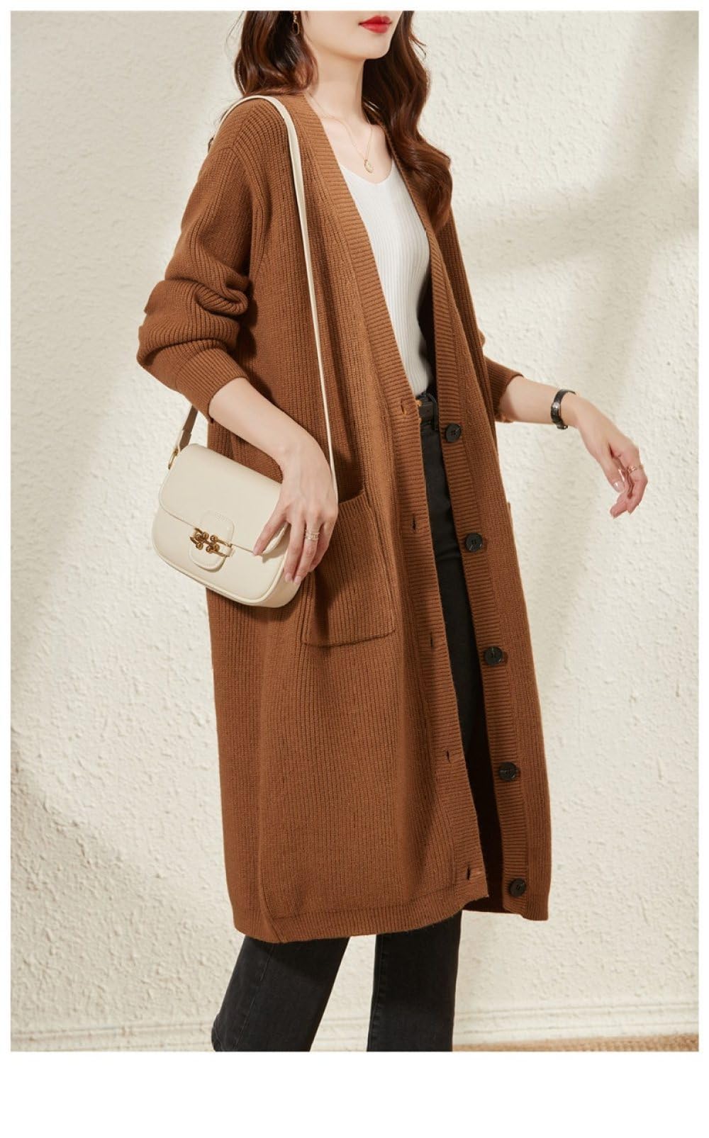 Cárdigan Largo de Punto para Mujer, Cárdigan Largo con Botones Delanteros Abiertos Y Bolsillos de Lana Mezclada para Otoño E Invierno, Chaqueta de Punto Cálida, Suéter, Ropa de Abrigo.