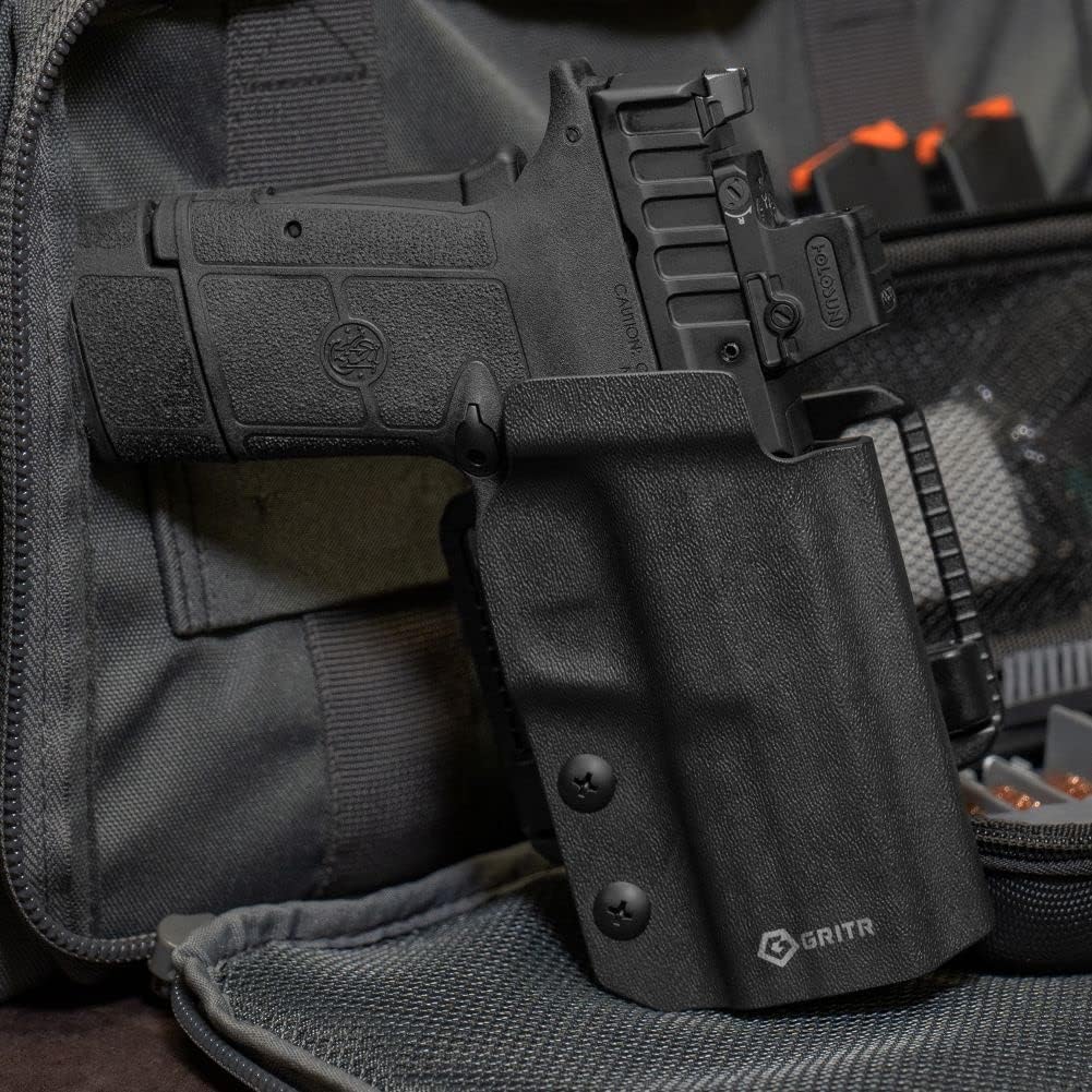 GRITR OWB Kydex Right/Left Hand Gun Holster for Smith & Wesson M&P Shield EZ 9/380/S&W Equalizer - Optic Cut, Compatible with Safariland QLS/G-Code RTI Attachments, Adjustable Belt Loops, Open Bottom