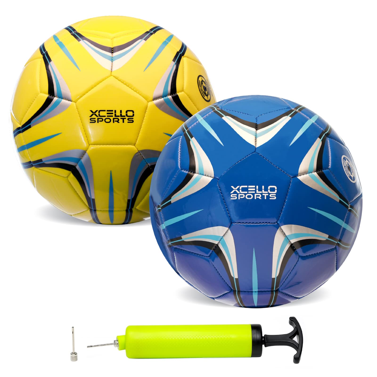 Xcello Sports Size 3 Soccer Ball 2 Pack (Blue/Silver, Yellow/Blue) w/Pump