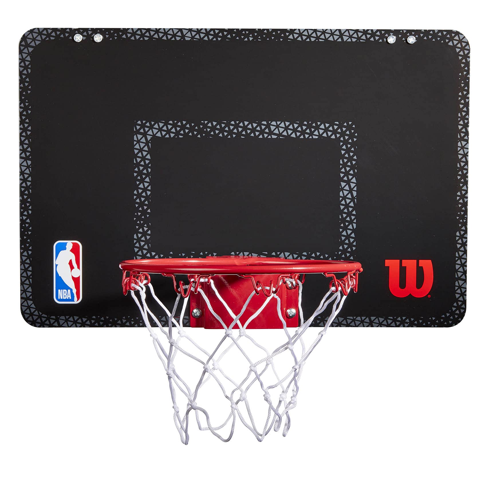 Wilson Minicanestro da basket NBA FORGE PRO MINI HOOP, Con Adesivi di tutte le Squadre, Dimensioni tabellone 46 x 28, Nero