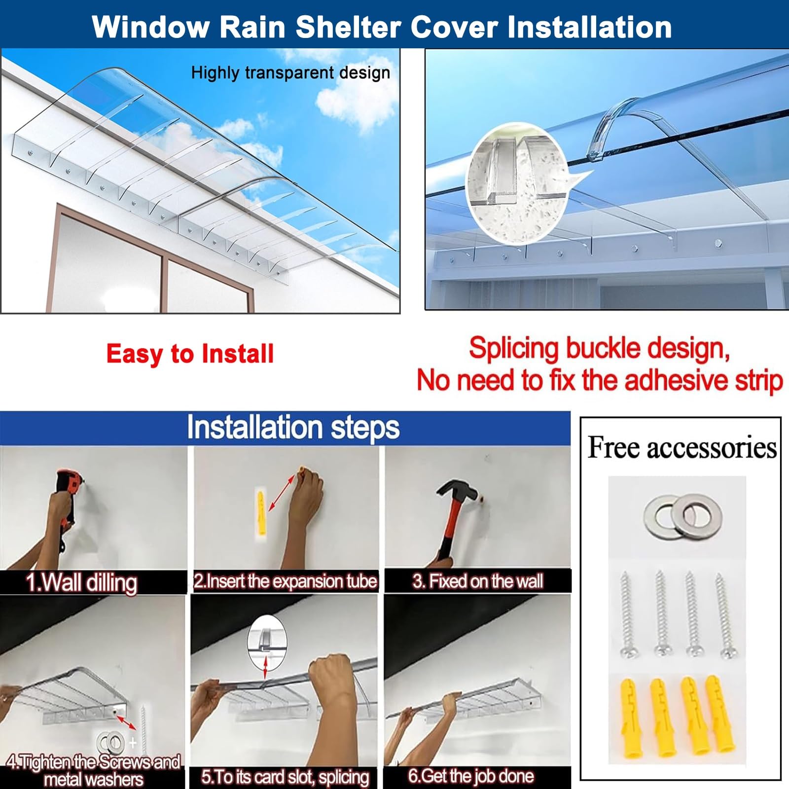 Toldo invisible para puerta, escudo de policarbonato de 3 mm de grosor para entrada, protección UV y lluvia, ideal para ventanas, porches, patios, techos (50 x 40 cm)