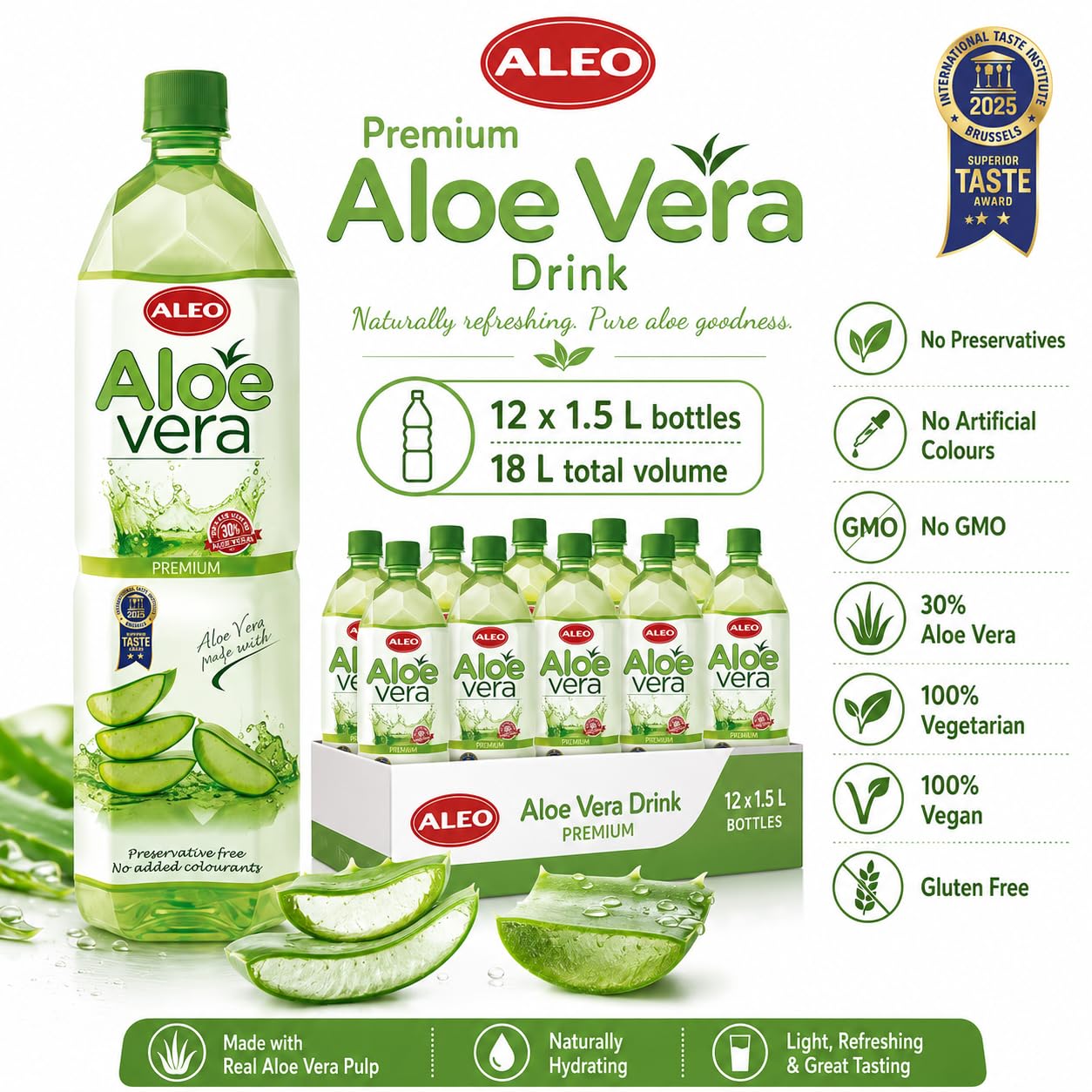 ALEO 1.5L Premium Aloe Vera Drink - Natural, No Preservatives, No Artificial Colors Superior Taste Award 2025
