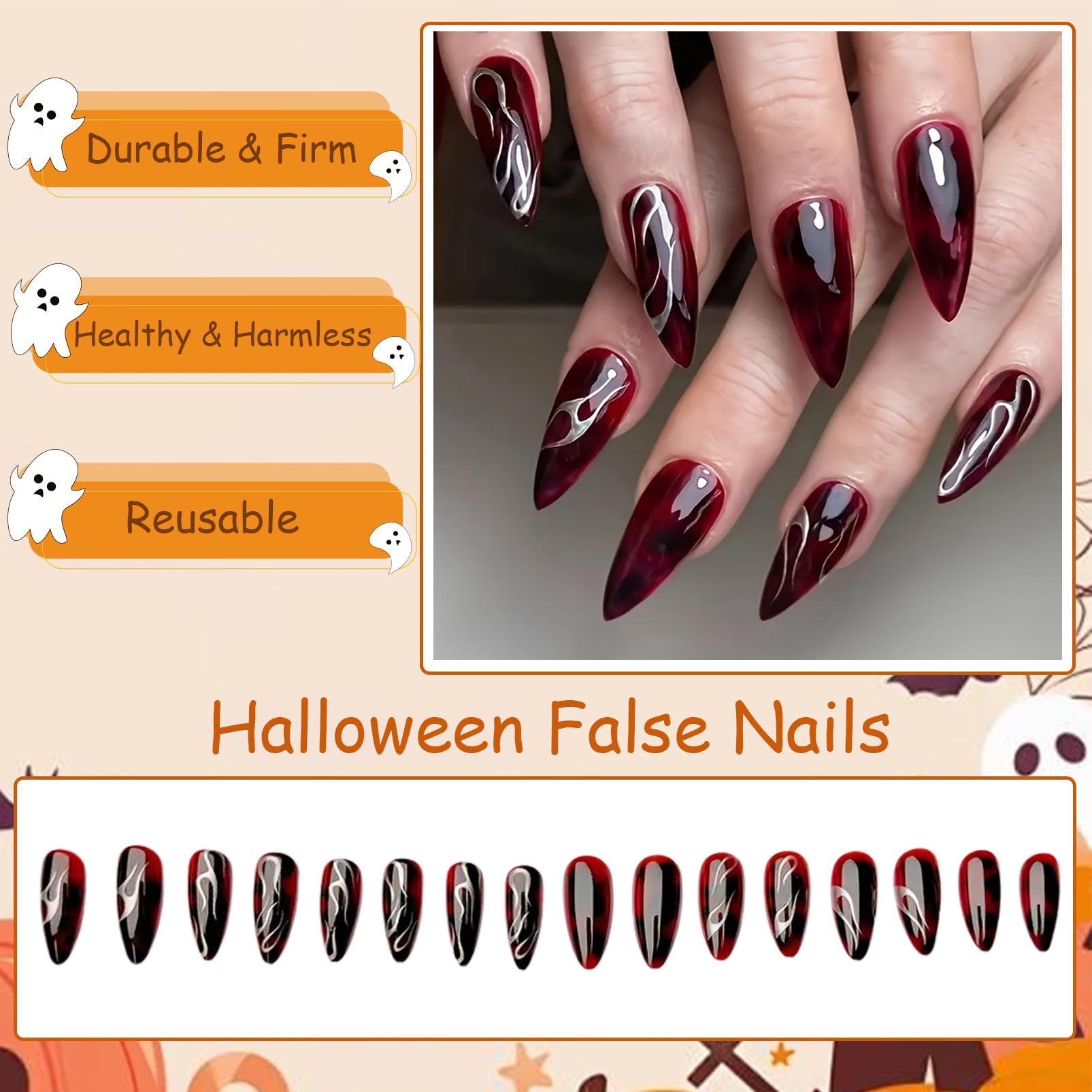 24PCS Christmas False Nail Medium,Crimson Dark Red Press on Nails for Women,Vampire Glossy Burgundy Marble with Silver Swirls Nails Halloween Elements,Wearable Stick on Nail Art for Girls - Image 2