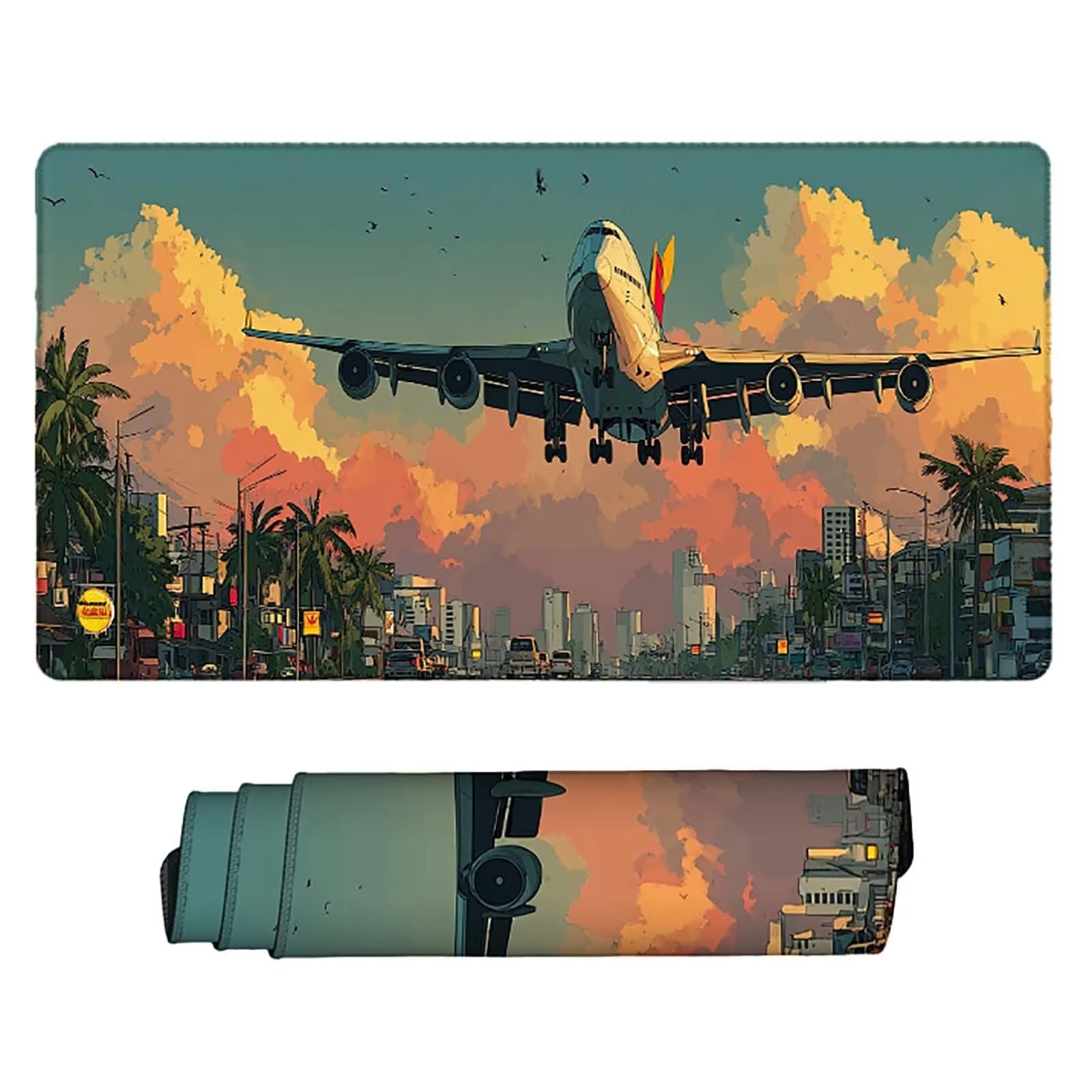 Tappetino Mouse XXL 1000x500mm Città Mousepad Aereo Tappetino Scrivania Grande, con base in Gomma Antiscivolo, Impermeabile Sottomano Scrivania per Computer, Ufficio, Accessori Gaming Mouse Pad 5-340j