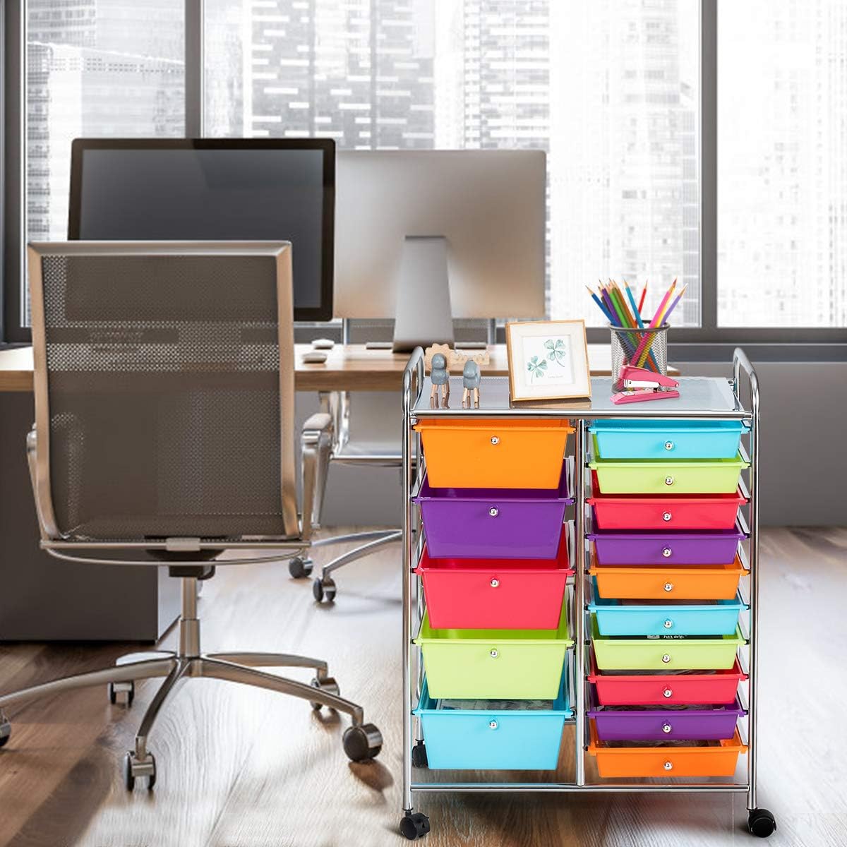 FANTASK Chariot à roulettes avec 15 tiroirs empilables, chariot de rangement pour bureau, salon, 62,5 x 37 x 87 cm