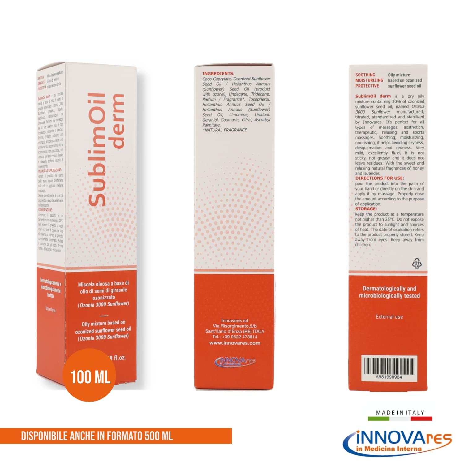 INNOVARES SublimOil Derm Aceite Ozonizado Antiestrías con Efecto Hidratante y Antiestrías - Aceite de Masaje Profesional y Relajante - Piel Seca y Cicatrices - Envase de 100 ml