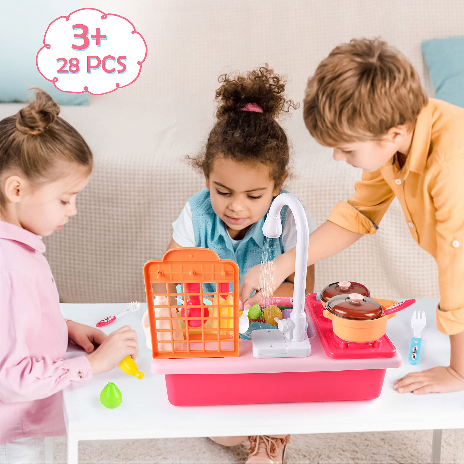 Diealles Shine Juguetes de Cocina, Juguetes para Fregadero de Cocina Lavaplatos Eléctrico Playhouse, con Canal, lavaplatos, Fregadero, Juegos de rol para niños, Regalo de imitación para niños (Rosa)