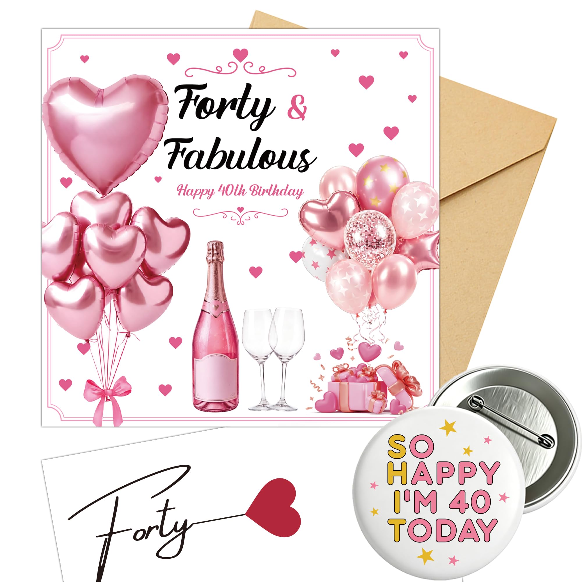 40th Birthday Decorations Card Girl - 2 PC Rose Pink Forty & Fabulous Heart Balloon Greeting Envelope SO HAPPY I'M 40 TODAY Badge Accessory Gift For 40 Years Old Party Decoration Supplies