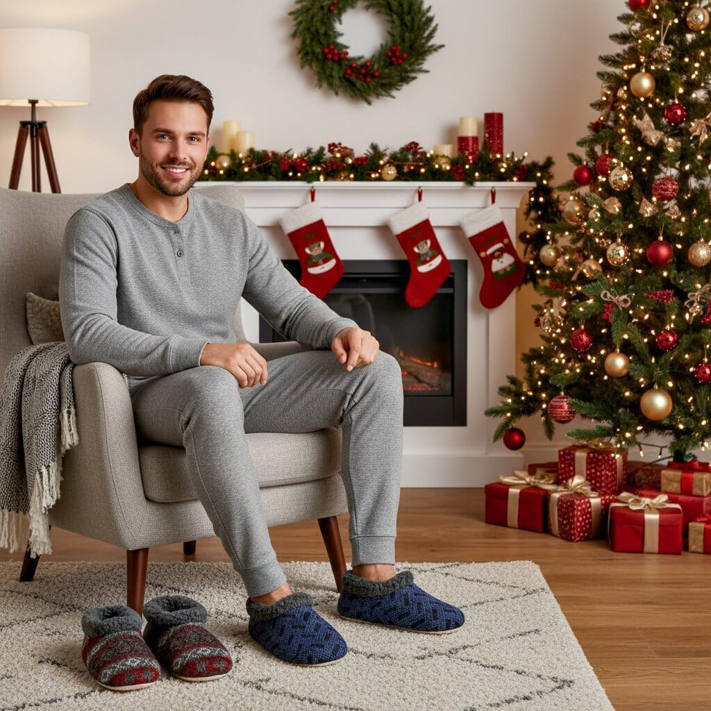 cosyone1997 2-Pair Men's Slipper Socks Fluffy Sherpa Lined, Winter Cable Knit Warm Gripper Sock Set Non-Skid Soles, Cozy Gifts for Men, Sizes 8-15 - Image 2