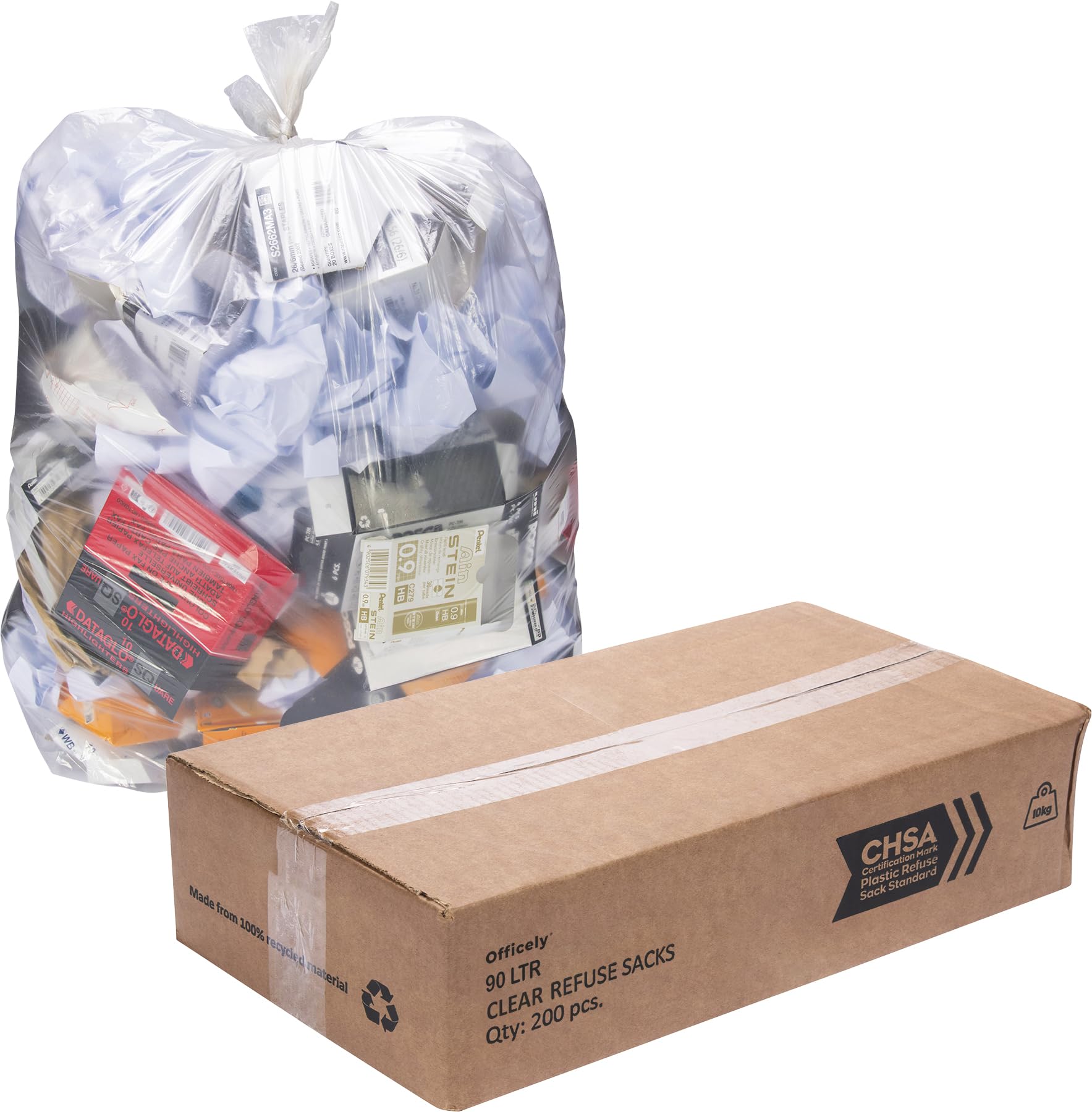 Officely Medium Duty 90L Clear Bin Bags, 10kg Rated, CHSA Accredited Refuse Sacks