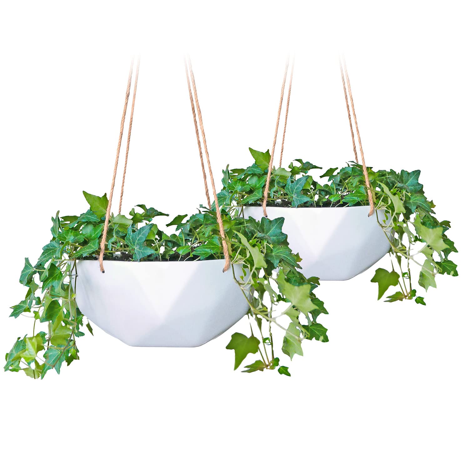 Fox & Fern Hanging Planter for Indoor Plants, Plant Hanger Indoor Outdoor with Modern Geometric Pot, Set of 2 Small Rope Hanging Planter for Window and Ceiling Flowers Pots, Ceramic Polystone, 12 cm