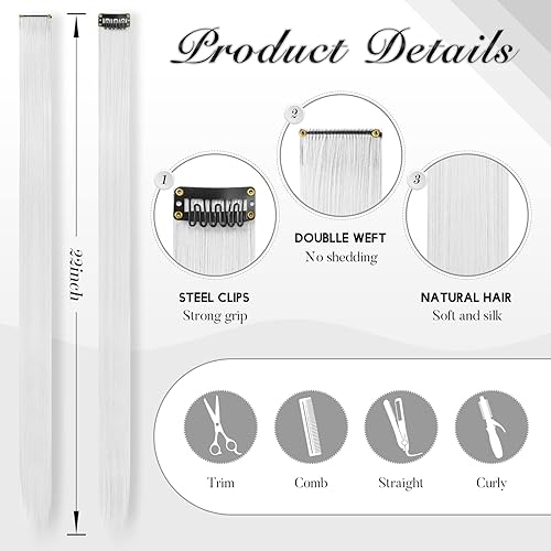 Miniatura 4 de FESHFEN Extensiones de cabello con clip de colores, 10 piezas de cabello sintético lacio con reflejos gris plateado para mujer, 22 pulgadas