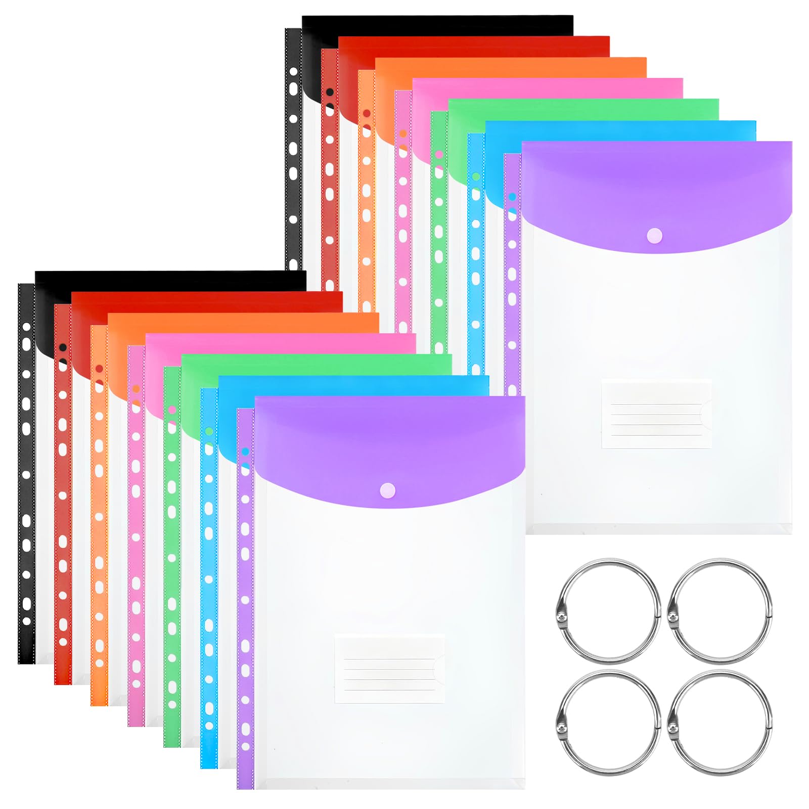 HSHHOOM 14 Pack A4 Plastic Wallets Punched Pockets, 11 Hole Expandable Document Folders with 4 Metal Binder Rings Label Pocket, Waterproof Files for School Office Home (Vertical)