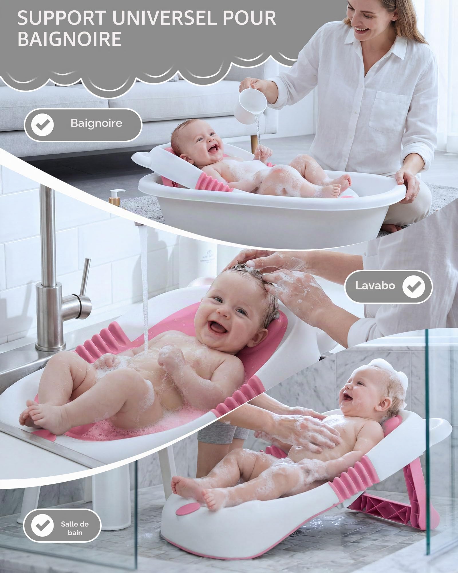 Baignoire pliable pour bébé avec support, siège de bain nouveau-nés, ventouses antidérapantes 0-6 mois