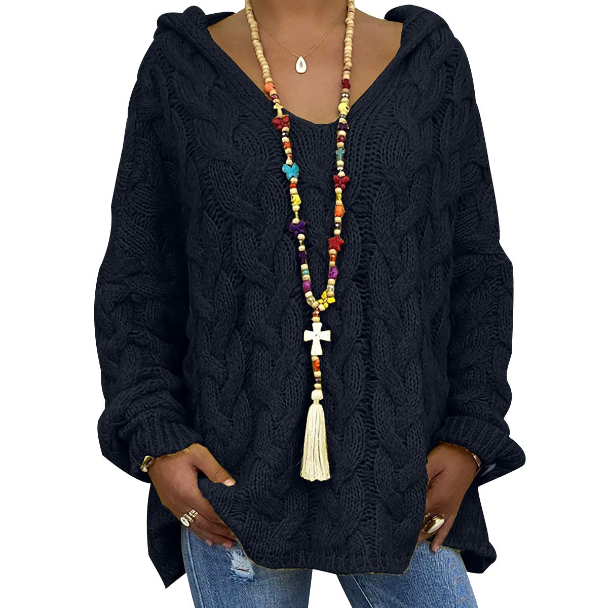 Oversized Cable Knit V Neck Jumper Women Long Jumpers For Women Ladies Baggy Fluffy Knitted Jumpers Womens Sweater Hooded Pullover Hoodie Women Sweaters Pullovers Thick Loose Lady Jumpers Black 3XL