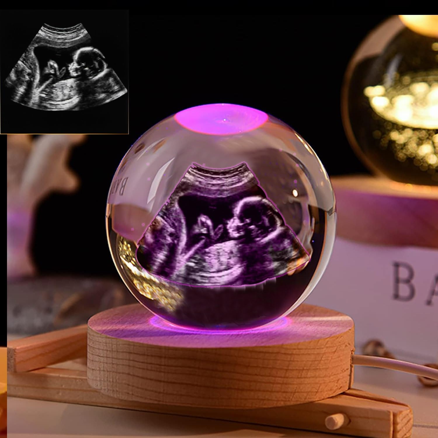 Personalized Crystal Ball Night Light,Customized Photo & Text Decorative Crystal Ball With Light， Custom 2D Announcement Baby Scan Photo Ultrasound Picture Frames For Mom Dad(Colorful,6cm .36")