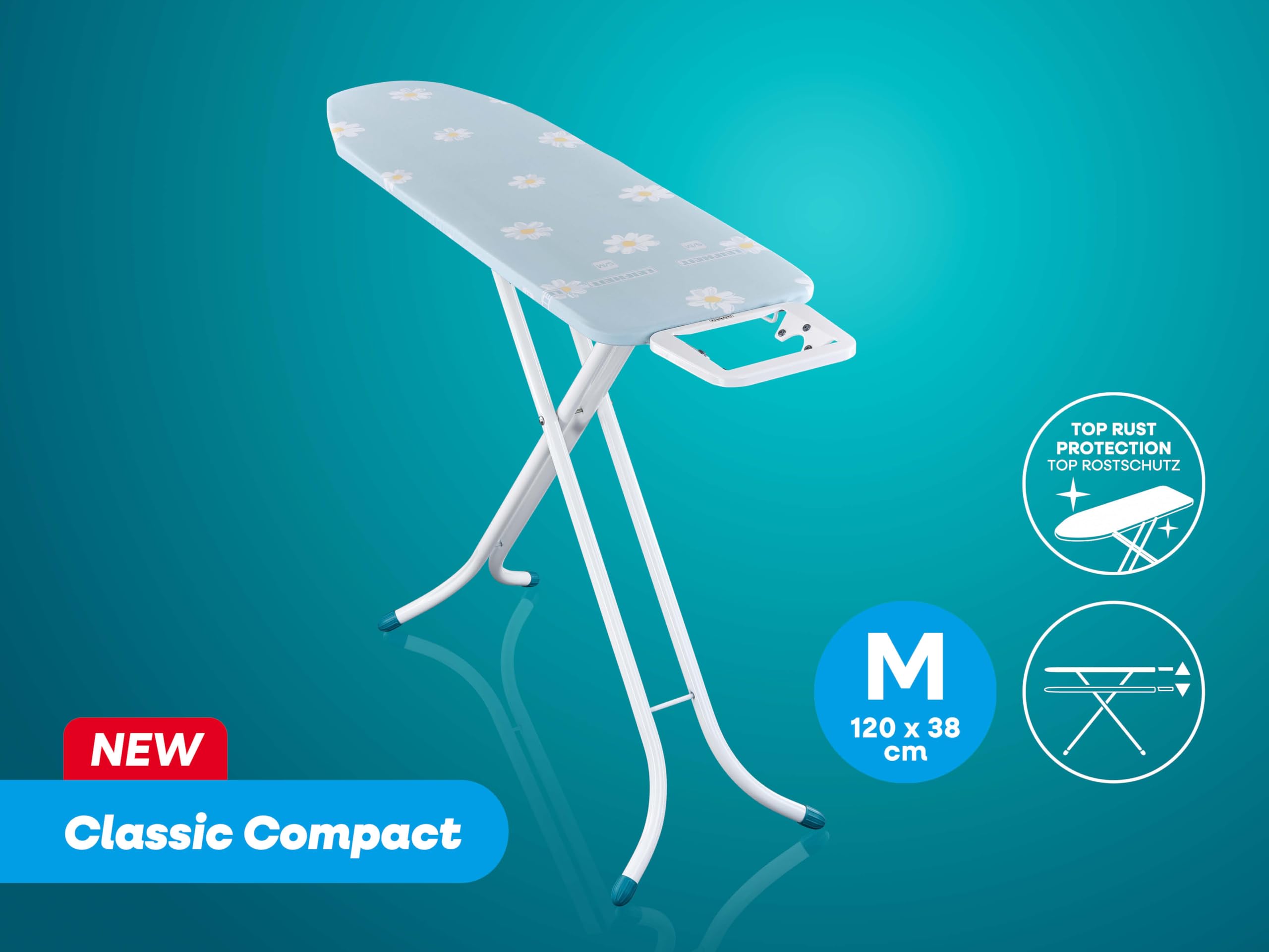 Leifheit Bügeltisch Classic M Compact, Bügelbrett mit 120 x 38 cm Bügelfläche, höhenverstellbar bis 96 cm, Feste Bügeleisenablage, stabiles Untergestell