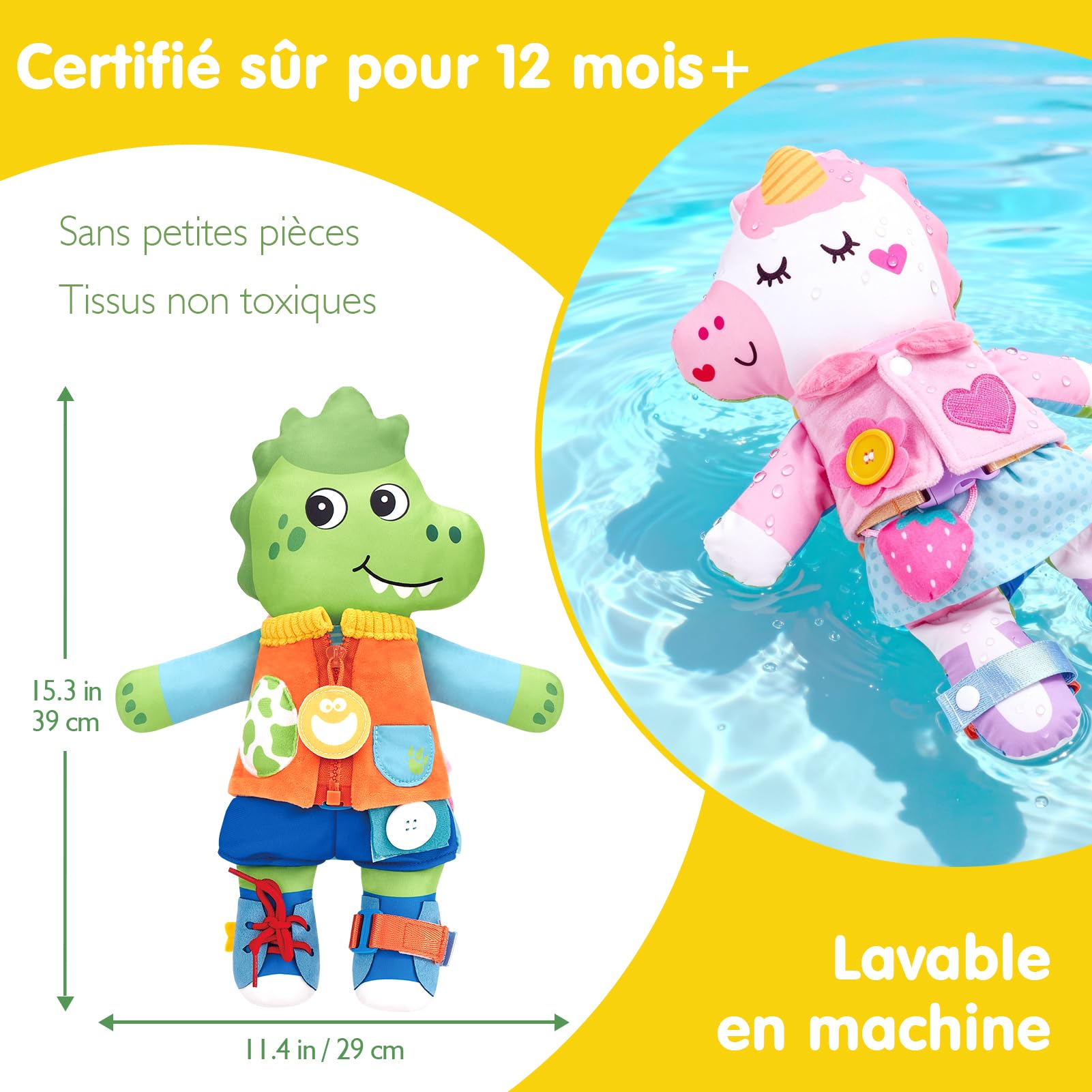 hahaland Poupée Montessori 2-en-1 pour Tout-Petits 1–3 Ans, Poupée Éducative en Peluche Réversible Licorne & Dinosaure, Motricité Fine, Apprendre à S’Habiller, 15+ Fermetures, Cadeau Enfant dès 2 Ans