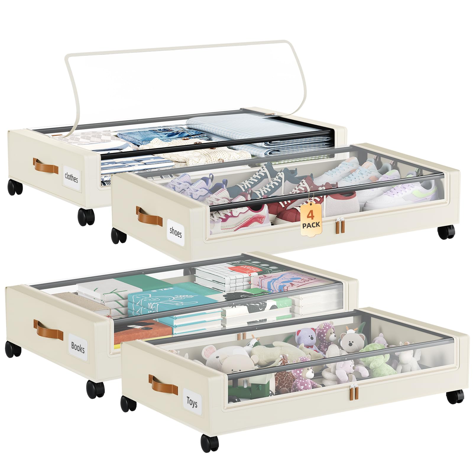Somdot 48L Under Bed Storage Box, Large Capacity Under Bed Storage on wheels with Lid and Zip, Foldable Organiser for Clothes Bedding and Shoes, Beige, 4 Pack