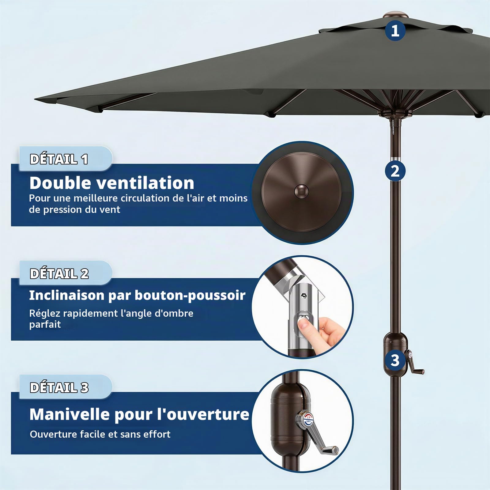 Parasol de 270 cm avec manivelle et fonction d'inclinaison, résistant aux UV50+, résistant à l'eau, avec 8 baleines, pour jardin, terrasse, balcon et piscine