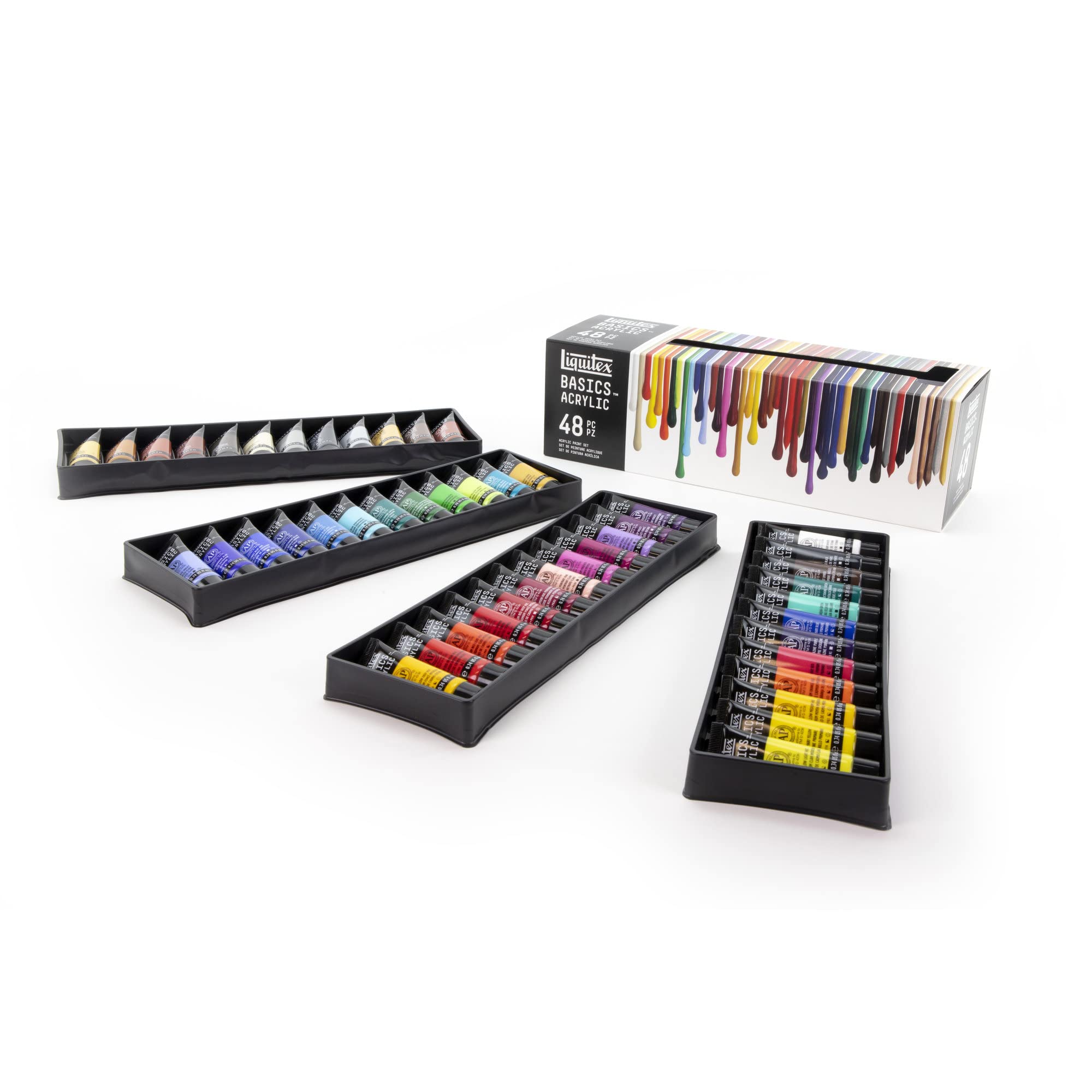 Liquitex 3699395 Basics zestaw farb akrylowych – tubki 48 x 22 ml, odporne na działanie światła farby akrylowe, średnia lepkość, żywe kolory, idealne na płótno, do mieszanych mediów i malowania