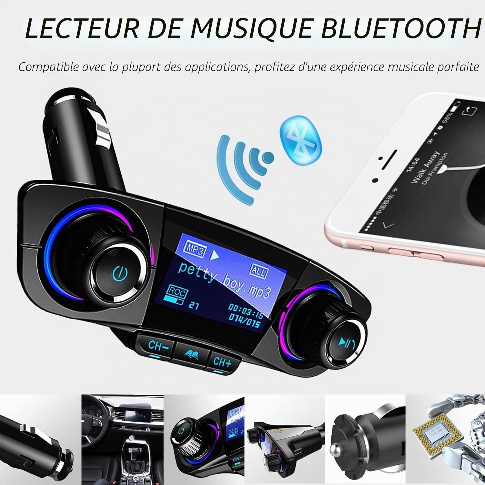 Bluetooth transmetteur FM de Voiture Lecteur MP3 kit Voiture Mains Libres de Radio sans Fil Adaptateur Audio avec Double USB, U Disque, Carte TF