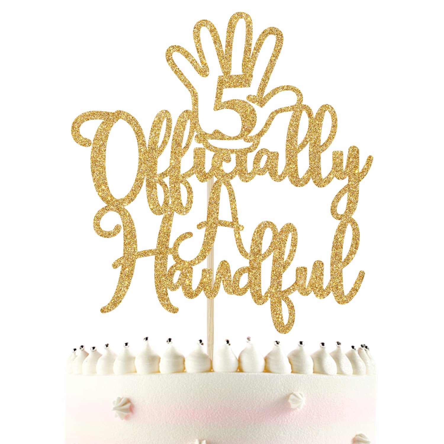 Gold Glitter Officially A Handful 5 Cake Topper, High Five/Happy 5th Birthday Cake Decorations, 5th Birthday Party Decorations