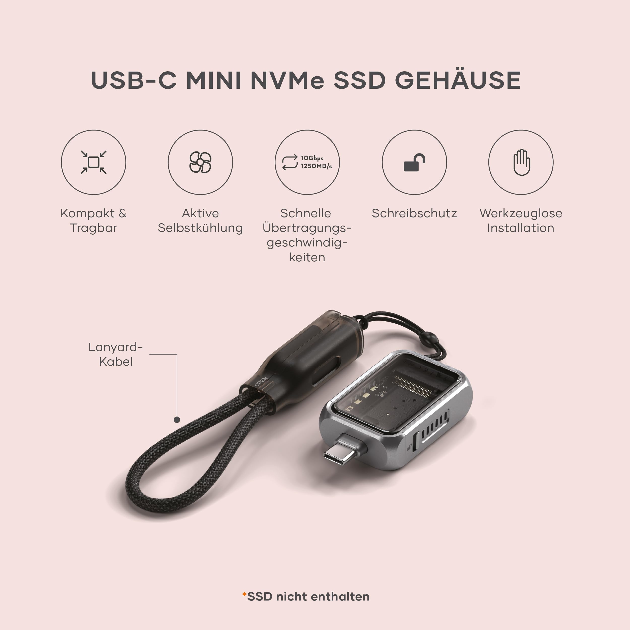 SATECHI M.2 NVMe Mini SSD Gehäuse, 10 Gbit/s Übertragungsgeschwindigkeit, bis 2 TB Speicher, aktive automatische Kühlung, tragbares USB-C Gehäuse, unterstützt NVMe 2230 SSDs (SSD Nicht enthalten)