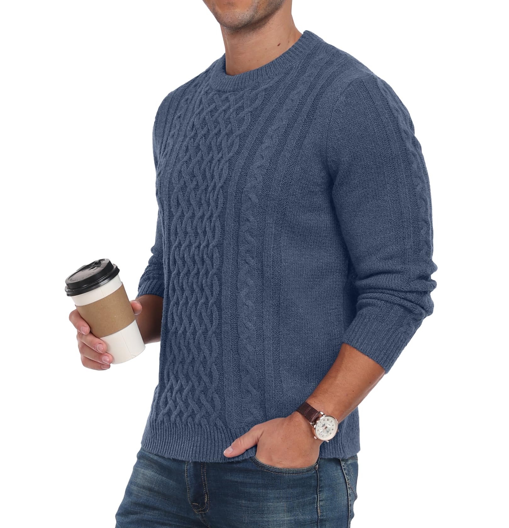 Hisir Pull d'hiver en tricot épais pour homme - Col rond - Chaud - Manches longues - Pull à col rond - Pour homme