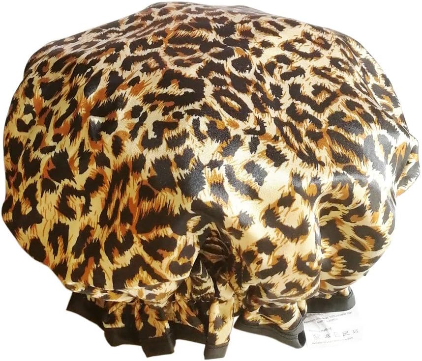 Shelley commerce Waterproof Double Layers Women's Shower Cap Reusable Bath Cap Bathing Hat (Leopard)