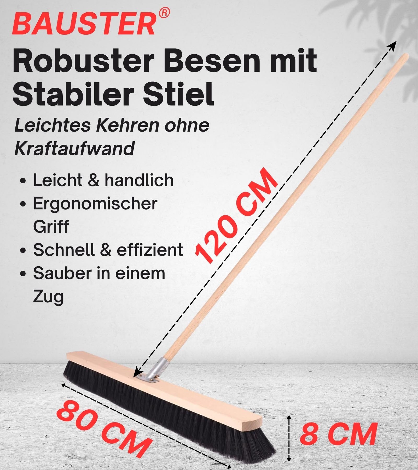 Robuster Hausbesen 800 mm Stabiler mit 120 cm Stiel Straßenbesen Industriebesen Hallenbesen Gartenbesen Handbesen für Straßen und Gehwege Zimmerbesen Außenbesen