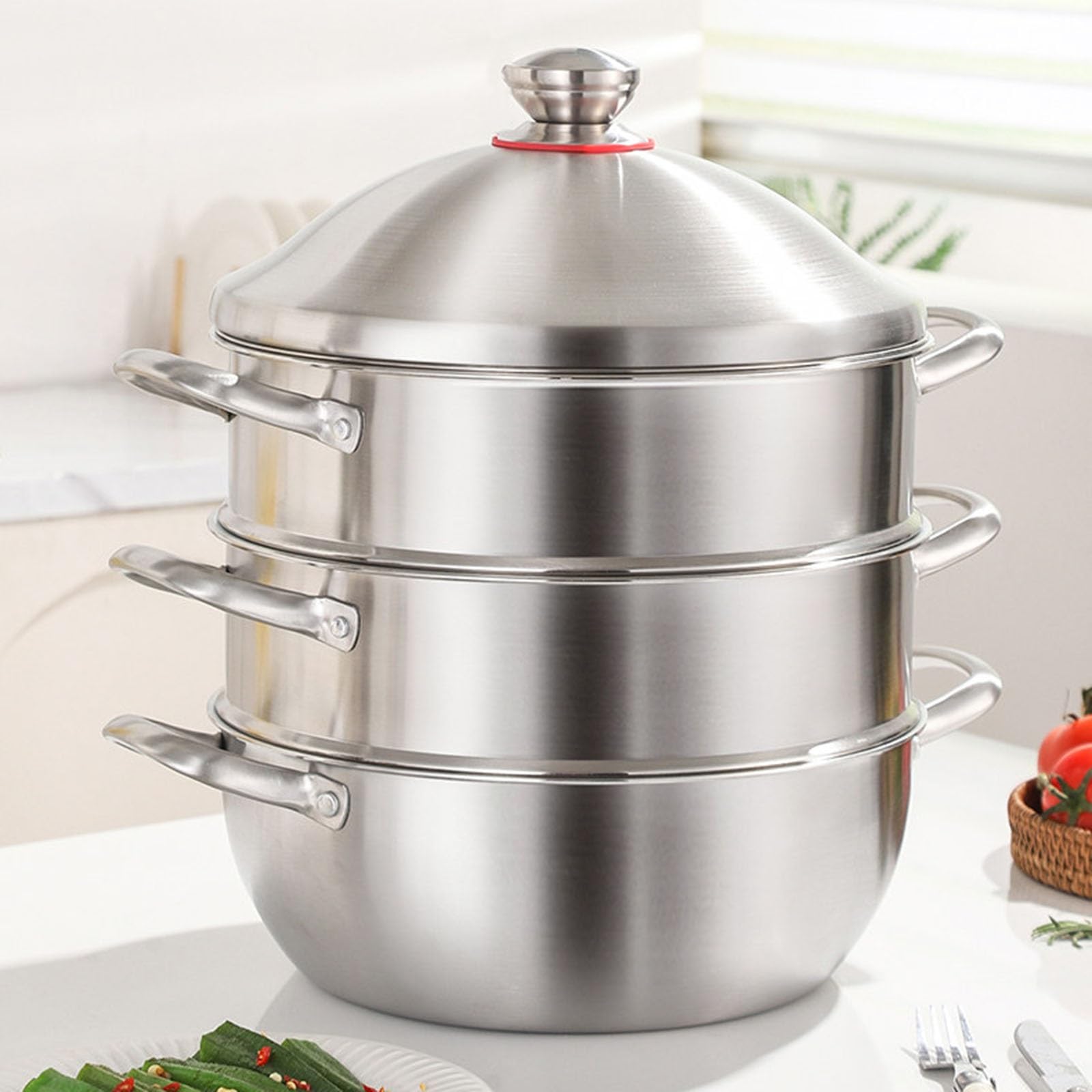 30 cm großer 3-stöckiger Dampfgartopf aus 316L-Edelstahl mit Deckel | Mehrschichtiger Suppentopf mit großem Fassungsvermögen for alle Herdarten